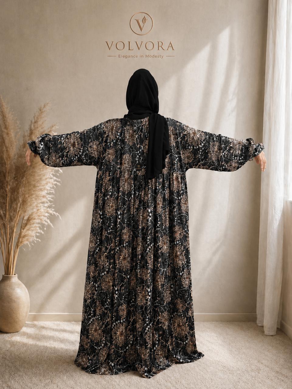 Black prayer abaya with soft beige floral print