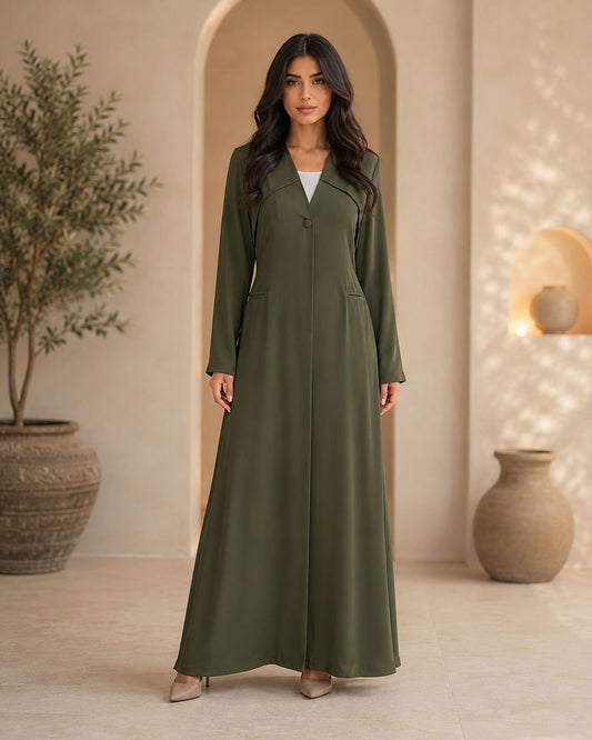 Elegant summer abaya in Korean Nada fabric – Army Green – Volvora