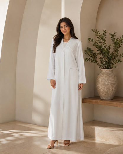 Elegant summer abaya in Korean Nada fabric – White – Volvora