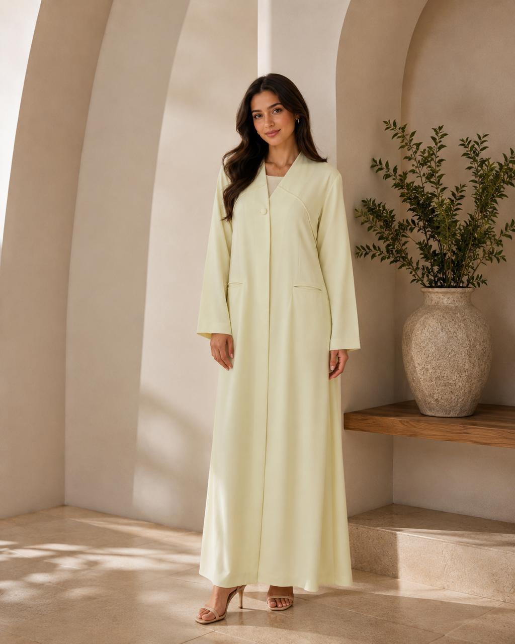 Elegant summer abaya in Korean Nada fabric – Yellow – Volvora