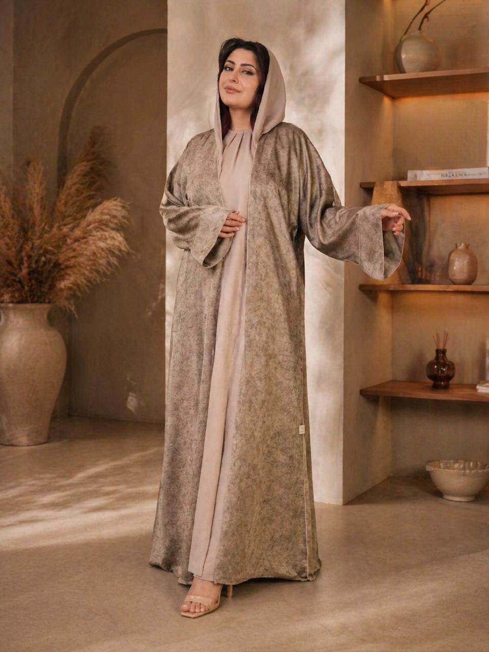 Elegant beige abaya soft flowy wide sleeves – Volvora UAE