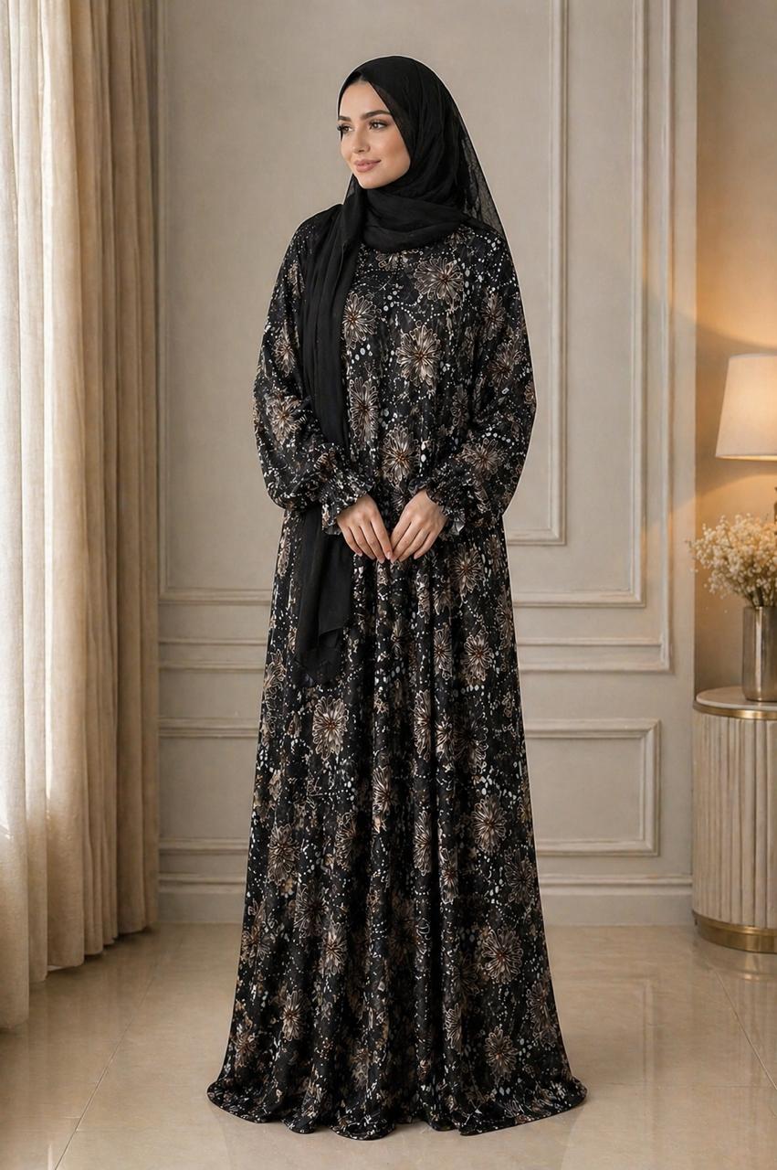 Black prayer abaya soft beige floral print – Volvora UAE
