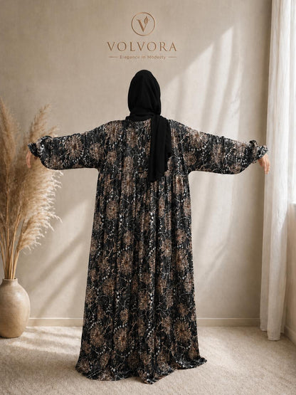 Black prayer abaya with soft beige floral print