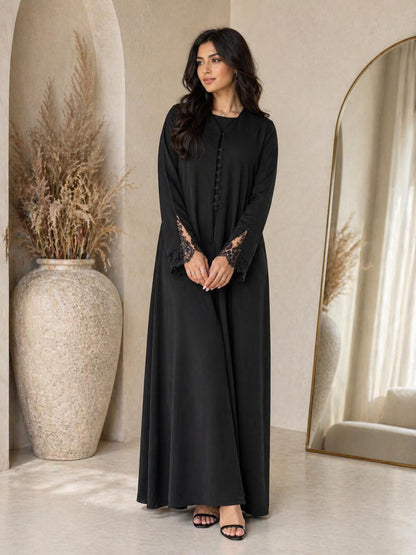 Elegant black abaya delicate lace sleeve details – Volvora UAE