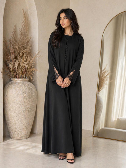 Elegant black abaya delicate lace sleeve details – Volvora UAE