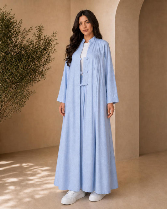 Two-piece blue linen abaya set relaxed fit elegant buttons – Volvora UAE