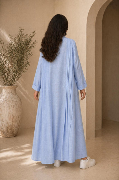 Two-piece blue abaya set in lightweight linen