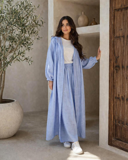 Light blue linen two-piece abaya with skirt casual summer – Volvora UAE