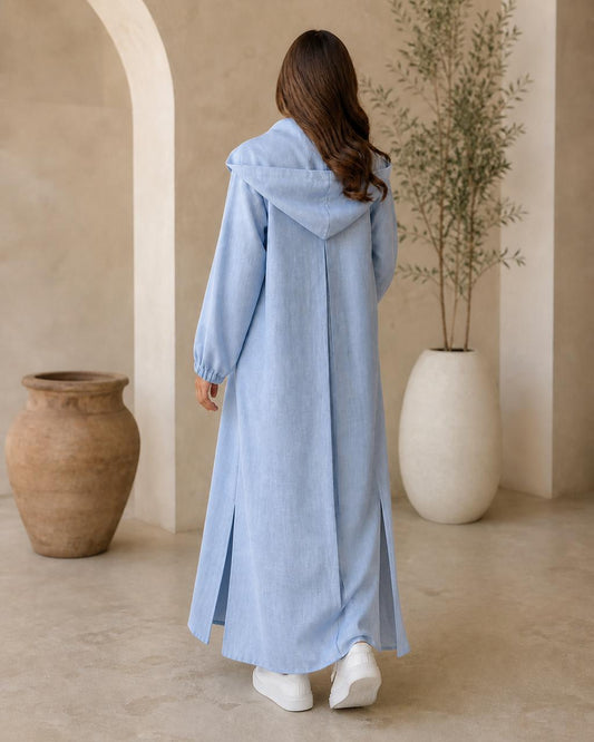 Light blue linen two-piece abaya with skirt casual summer – Volvora UAE