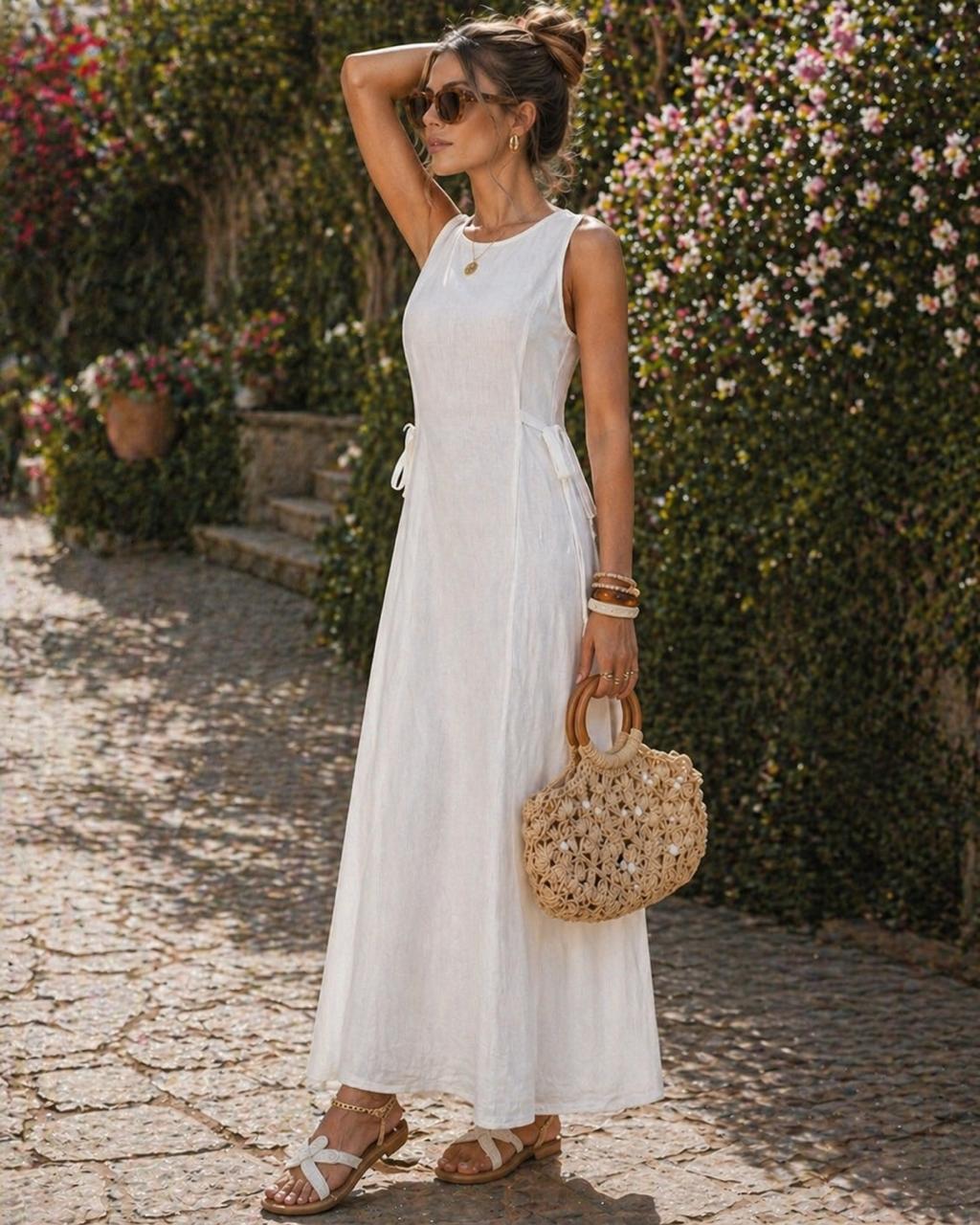 Elegant white A-line dress high waist modest fashion – Volvora UAE