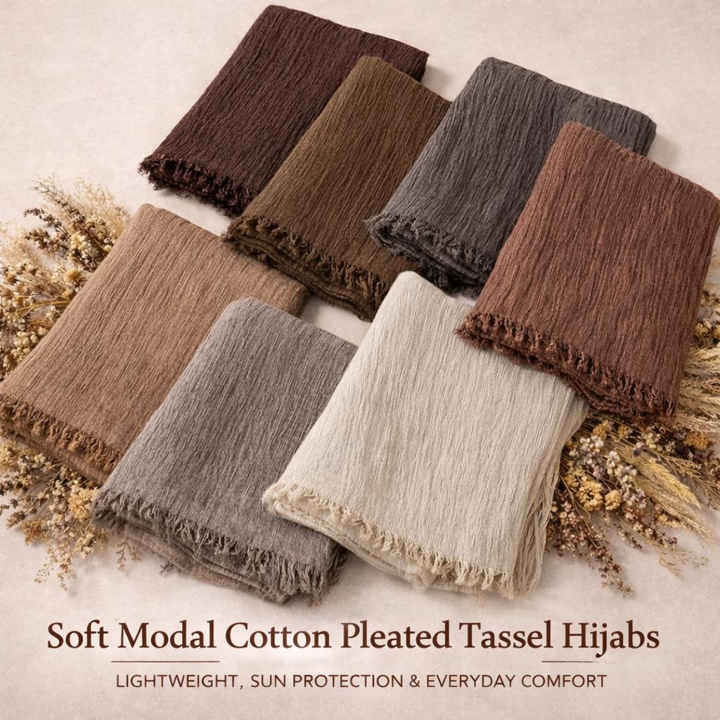 Modal cotton pleated hijab scarf with tassels – Volvora UAE