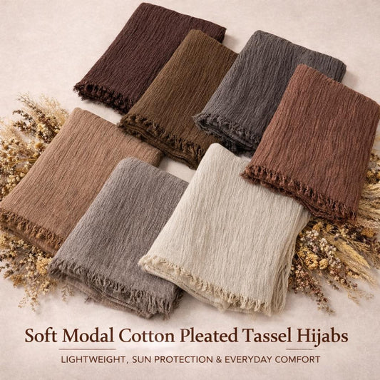 Modal cotton pleated hijab scarf with tassels – Volvora UAE