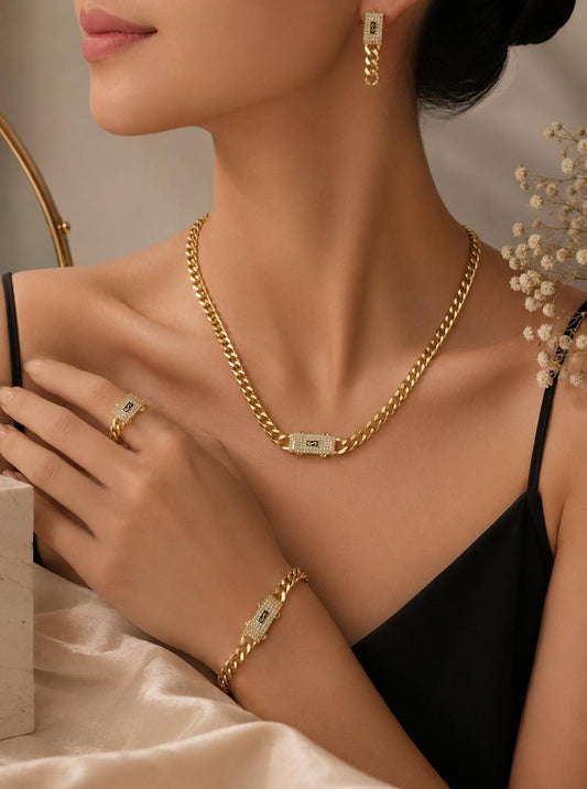 Volvora 18K gold zirconia 4-piece jewellery set – necklace, earrings, bracelet and ring for party and special occasions