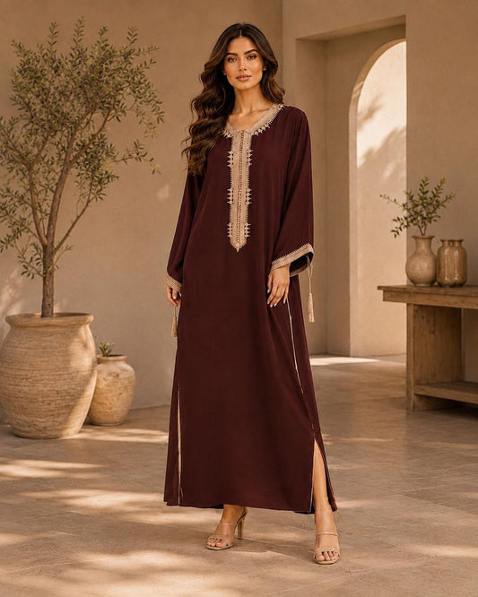 Elegant burgundy caftan side slit detail – Volvora Fashion