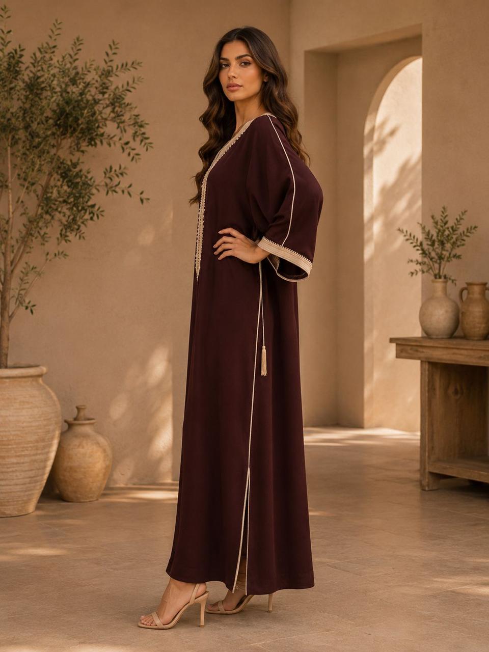 Elegant Burgundy Moroccan Kaftan with Delicate Beige Silk Embroidery