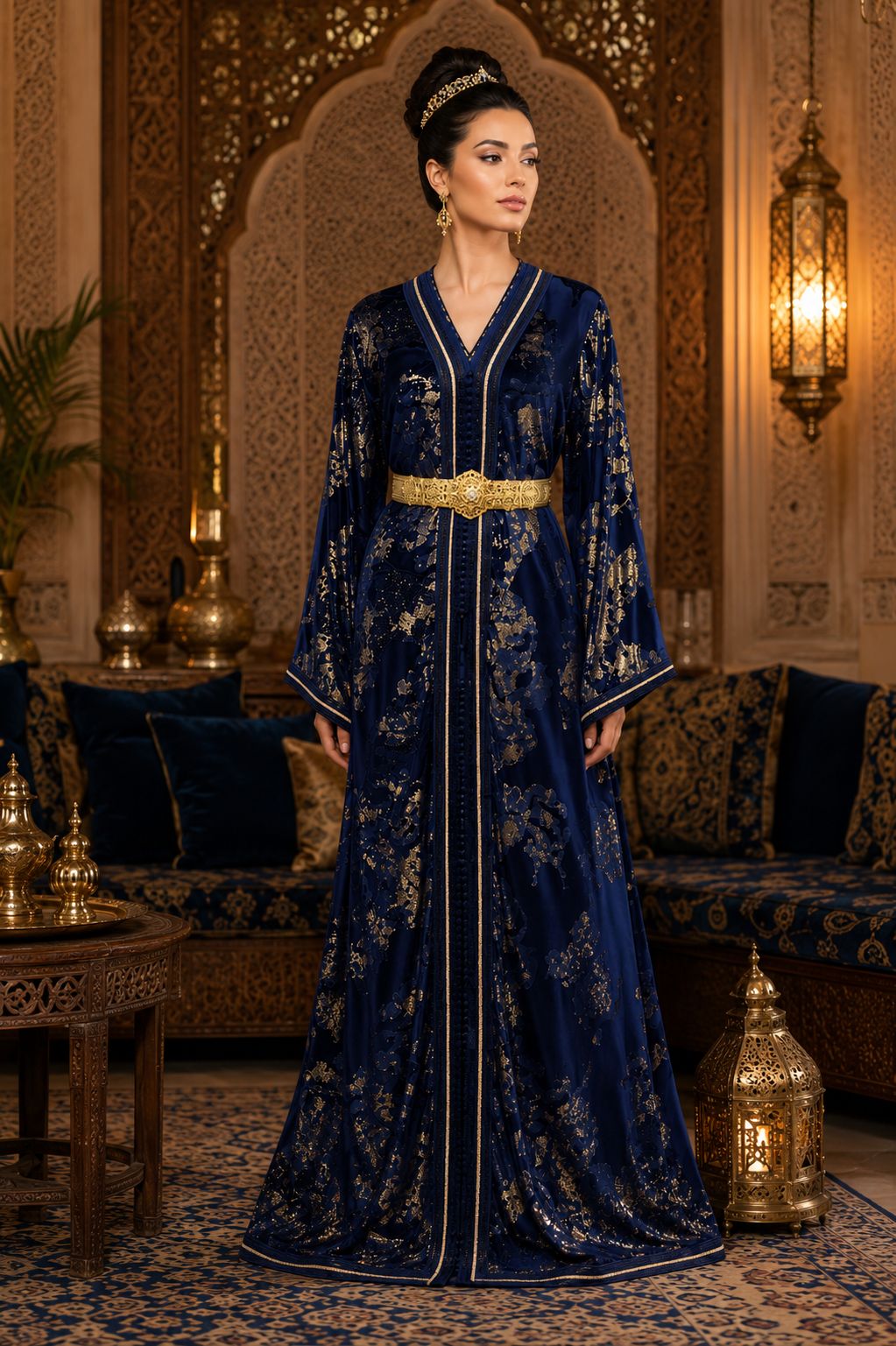 Royal blue Moroccan caftan with gold detailing and luxury belt